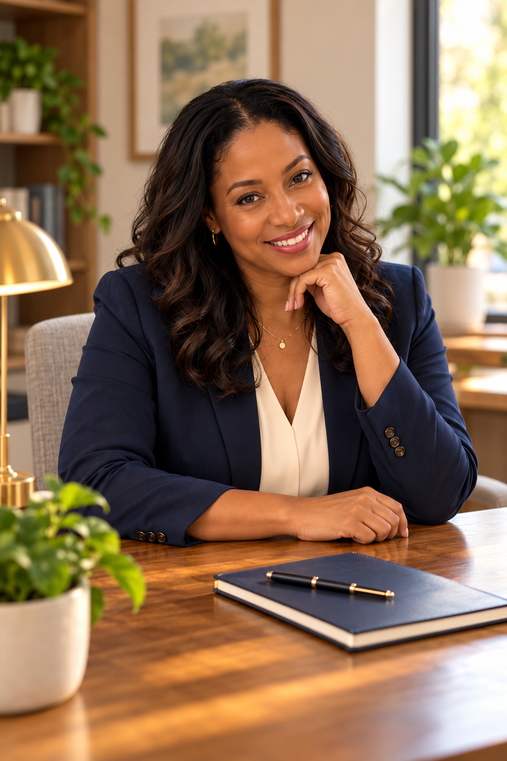 Illustrative placeholder portrait of a professional notary in a bright, welcoming office.