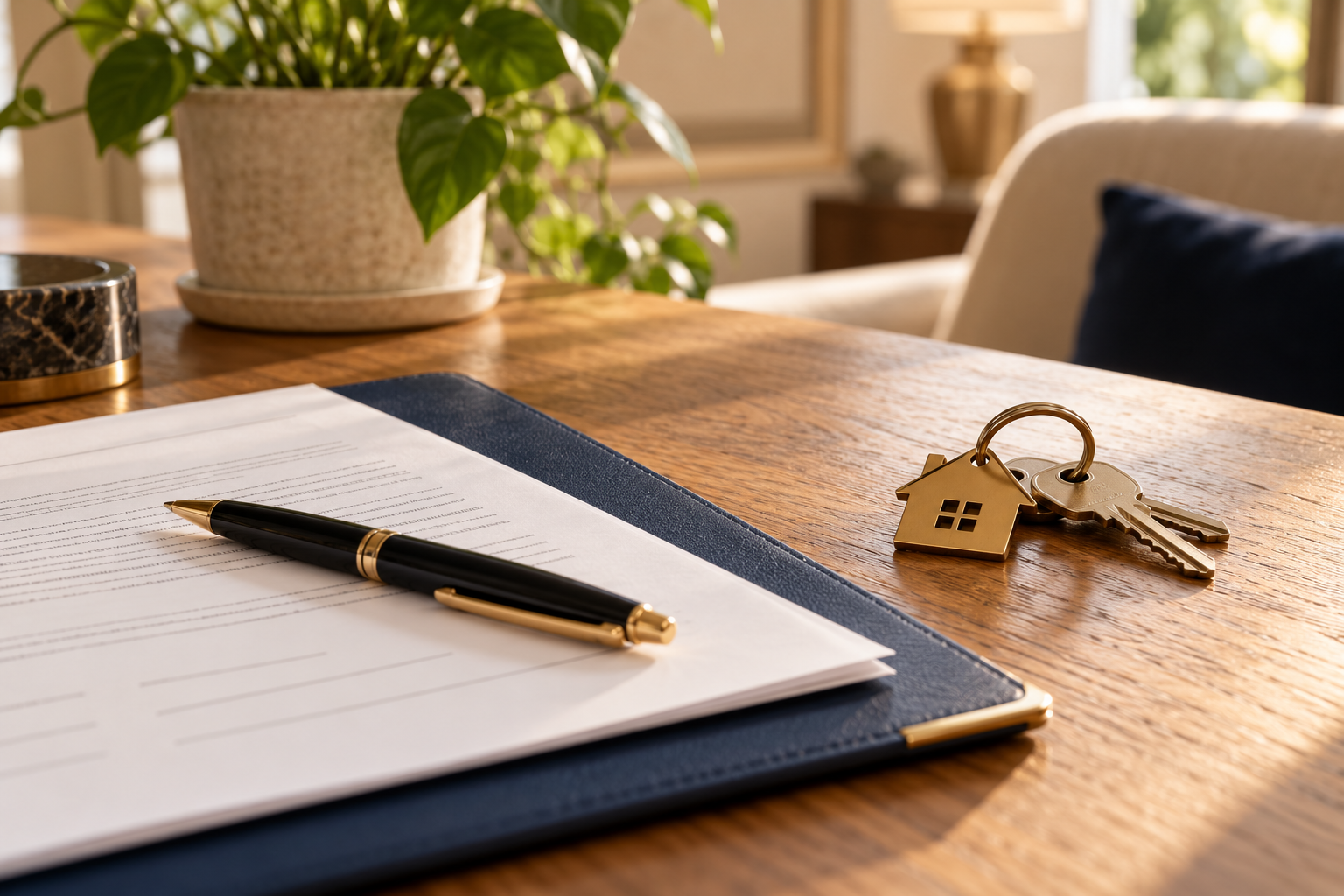 Brass house keys, a navy folder, and signing documents on an oak table.