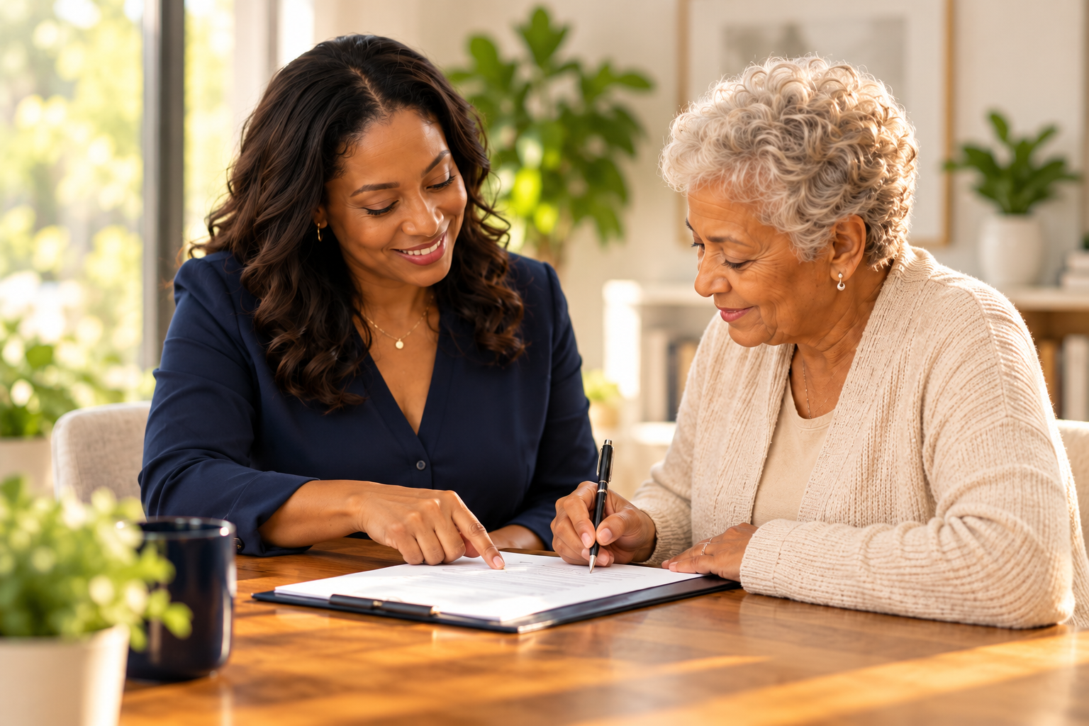Illustrative photograph of a senior receiving patient, personal help with paperwork.