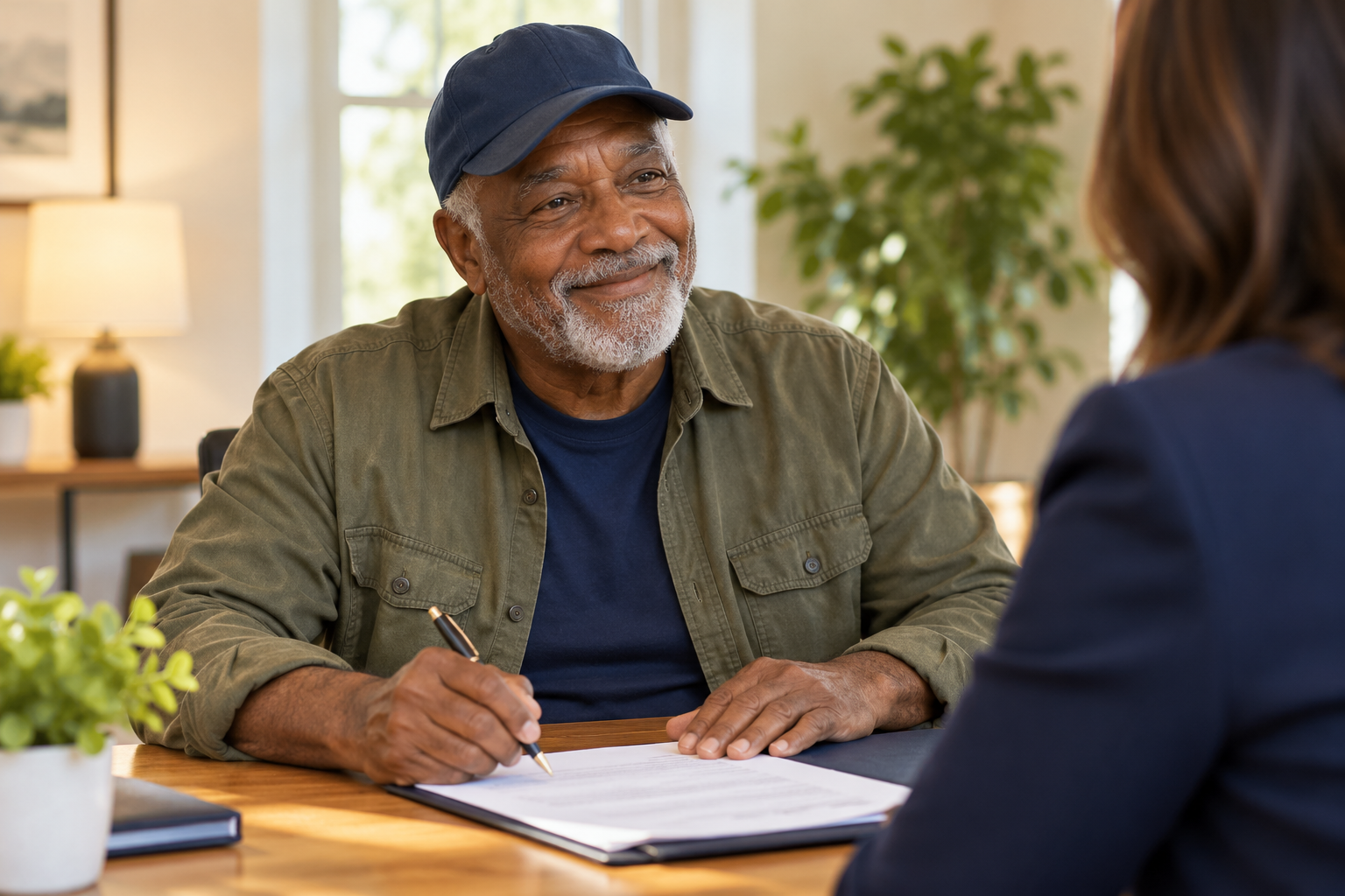 Illustrative photograph of an older veteran at a welcoming document signing appointment.